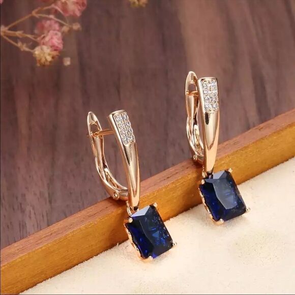 #11 NEW Rose Gold Blue Zircon Rectangle Drop Earrings - Picture 1 of 10